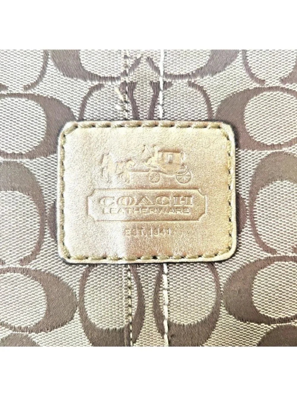 COACH BLEECKER Signatue TOTE Satchel BAG Gold Tan Leather Fabric